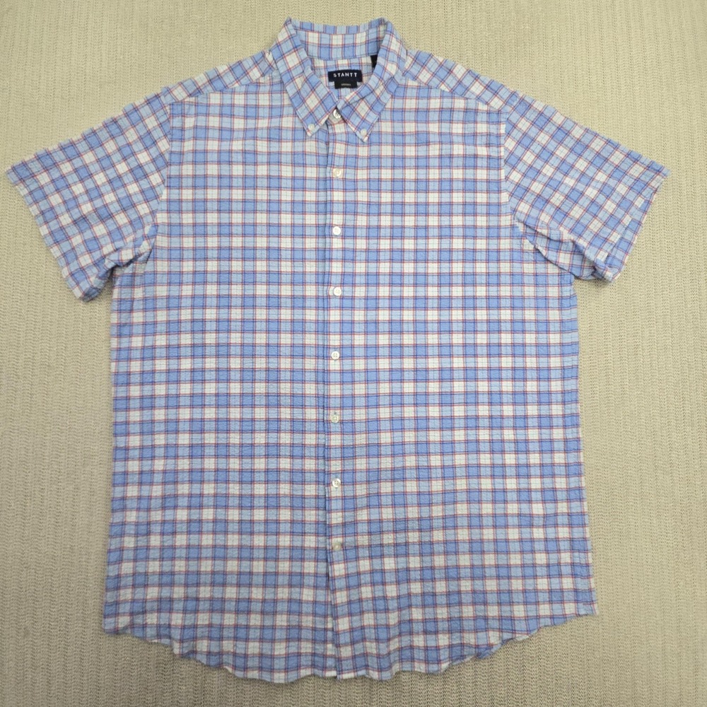 STANTT Shirt Mens XL Blue Red Seersucker Check Short‎ Sleeve Button Up Casual